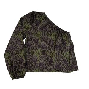 blusa asimétrica con estampado snake y con goma elástica en escote y puño