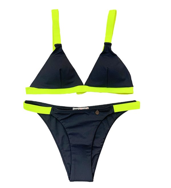 bikini antracita con tirantes, contorno y laterales de braguita en amarillo flúor