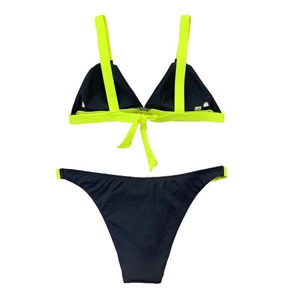 bikini antracita con tirantes, contorno y laterales de braguita en amarillo flúor