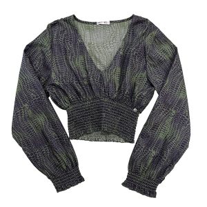 blusa estampada verde/negra blusa corta con magas largas y fruncida en puños y en el bajo