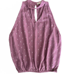 blusa rosa viejo con detalles de hilo de lúrex plata sin mangas y con pieza de cuello con abertura en escote y goma elástica en cintura