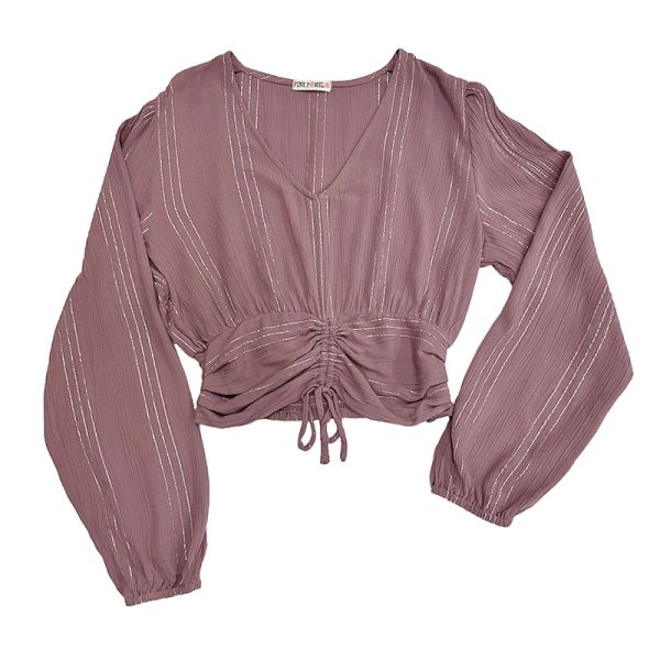 blusa rosa viejo con lurex plata, con fruncido en pieza frontal de cintura