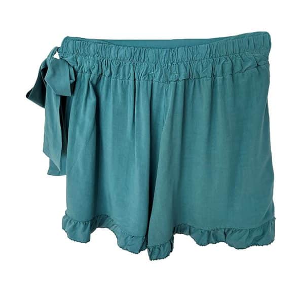 falda pantalón verde tipo pareo con nudo lateral y volante en bajo