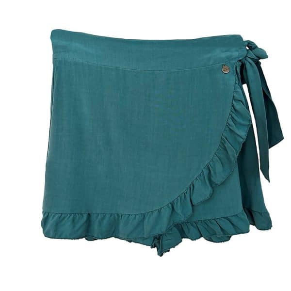 falda pantalón verde tipo pareo con nudo lateral y volante en bajo