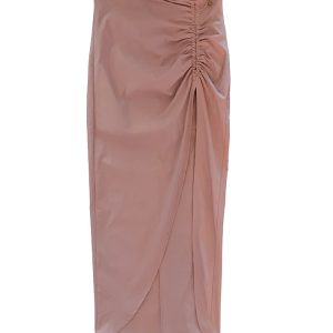 falda larga rosa viejo con frunce en frontal y asimétrica con abertura delantera