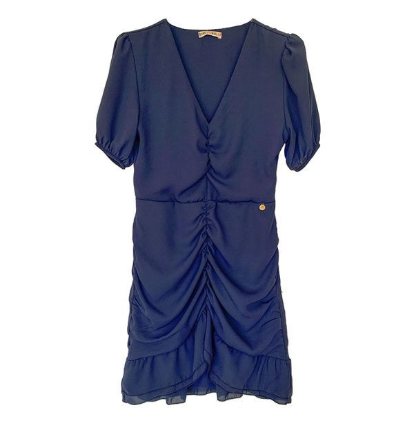 vestido corto con manga corta azul marino escote pico y fruncido en en centro
